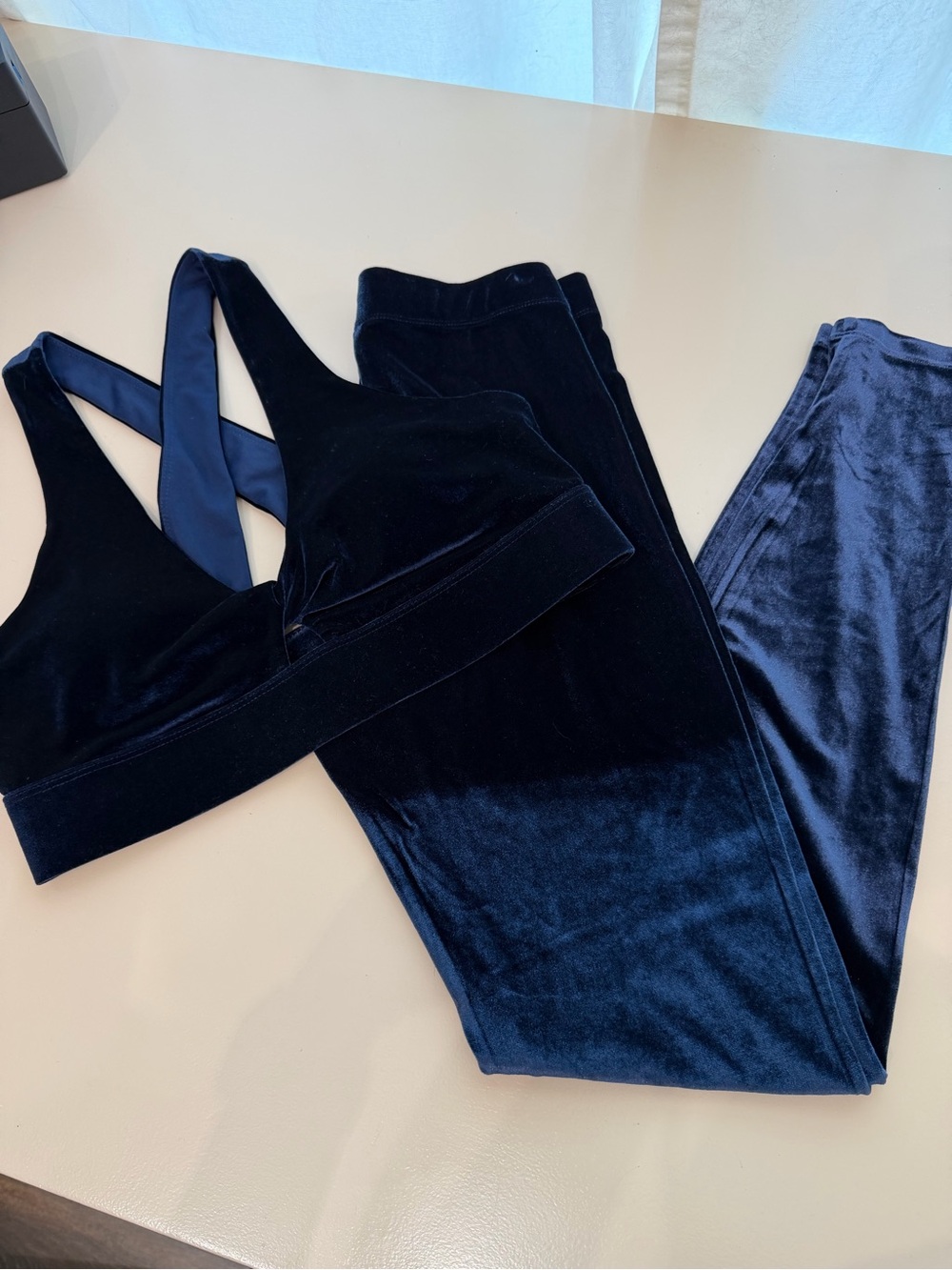 Fabletics Navy Blue Velvet High-Waist Leggings & Strappy Sports Bra Crop Top Set
